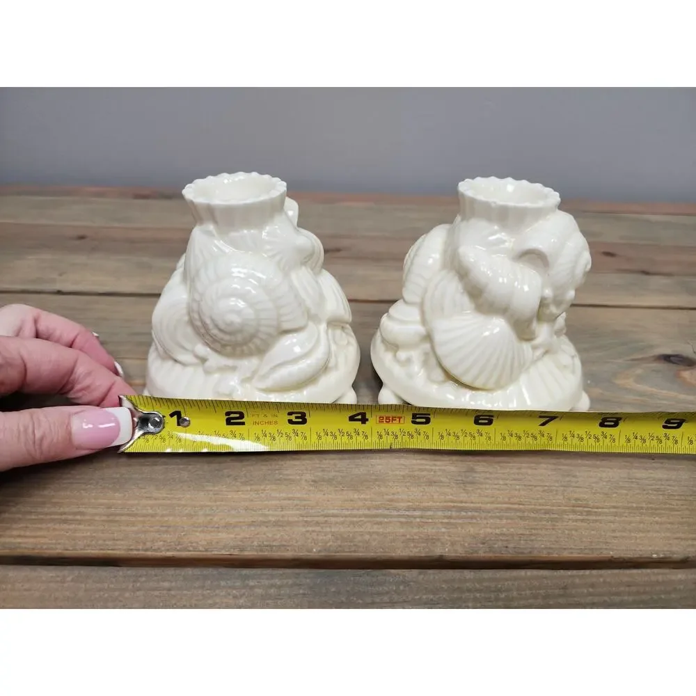 Vintage Shafford Japan 1989 Candlestick Holder Set Shells Coastal Ivory